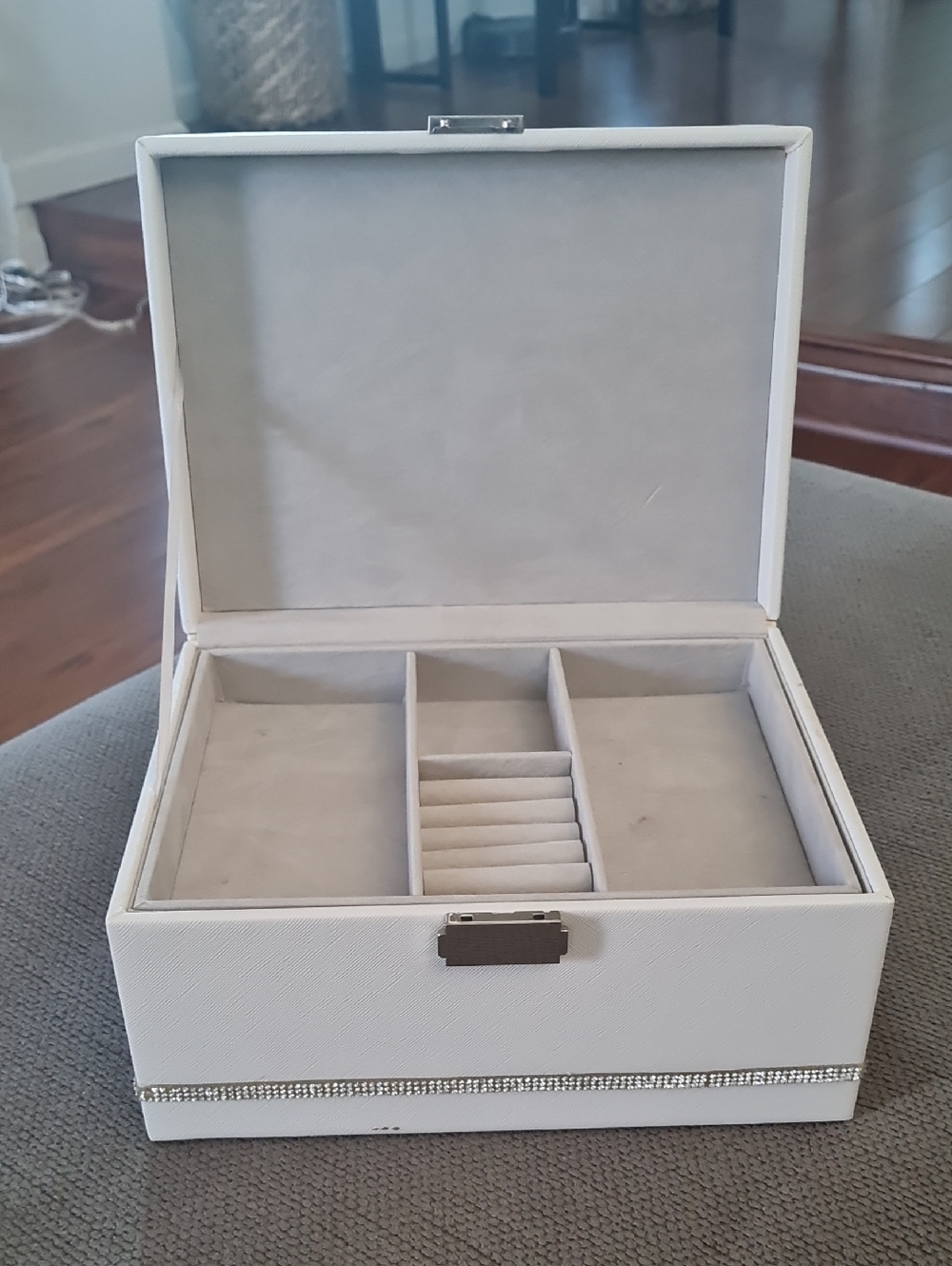 Rachel Zoe White Jewelry Organizer Box with Ring Slots and Rhinestone Trim